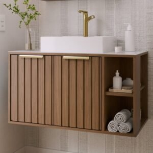 Gabinete para Banheiro 80cm com 2 Portas 2 Nichos e Cuba de Sobrepor Noruega