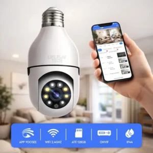 Câmera Segurança Lâmpada Wifi 360° Full Hd 1080p Visão Noturna Infravermelho Áudio Bidirecional Soquete E27 App Yoosee 2.4ghz Rotação 360x90° Monitoramento Residencial Branco