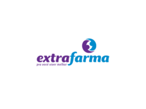 Logotipo oficial da rede de farmácias Extrafarma no site Garimpada