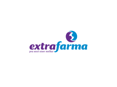 Logotipo oficial da rede de farmácias Extrafarma no site Garimpada