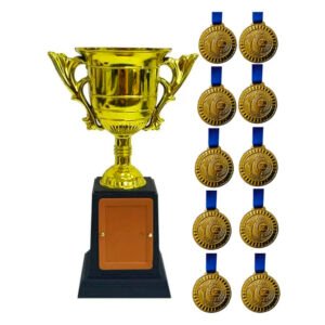 Kit Troféu 1 Taça 19 Cm + 10 Medalhas Douradas 29mm