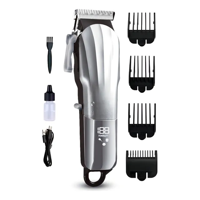 Máquina De Cortar Cabelo Profissional Barbearia Barba Recarregável Premium Sem Fio Com Visor Led Lâmina Titânio Cor Prateado 127/220v